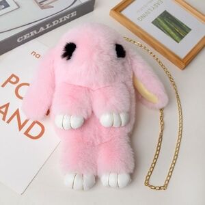Pink Plush Bunny Bag Soft Faux Fur with Chain for Shoulder Carry